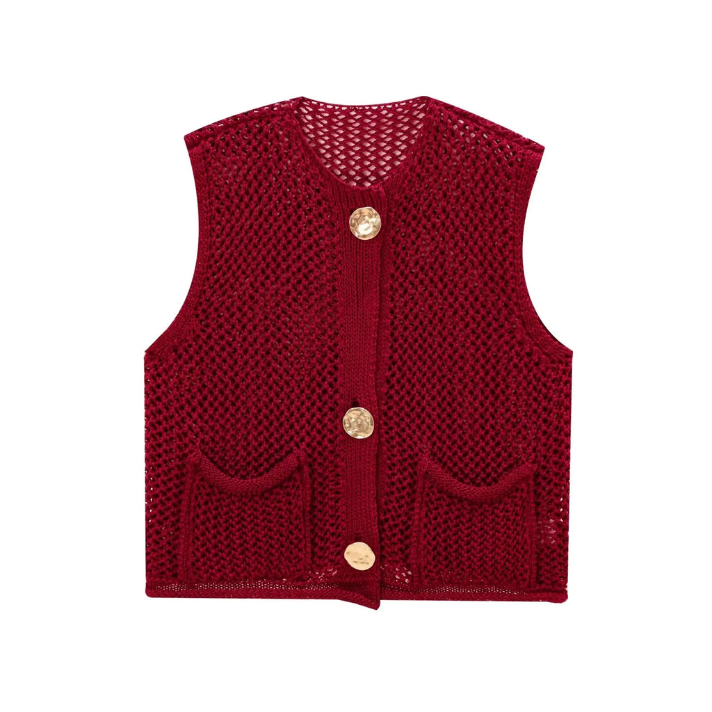 Open-Knit Crochet Vest with Gold Buttons