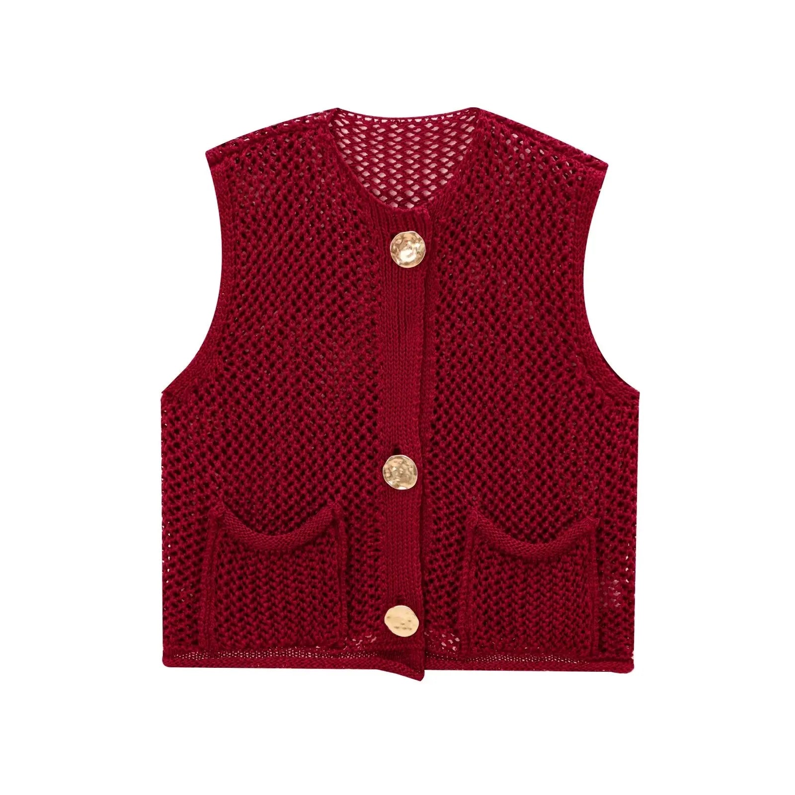 Open-Knit Crochet Vest with Gold Buttons