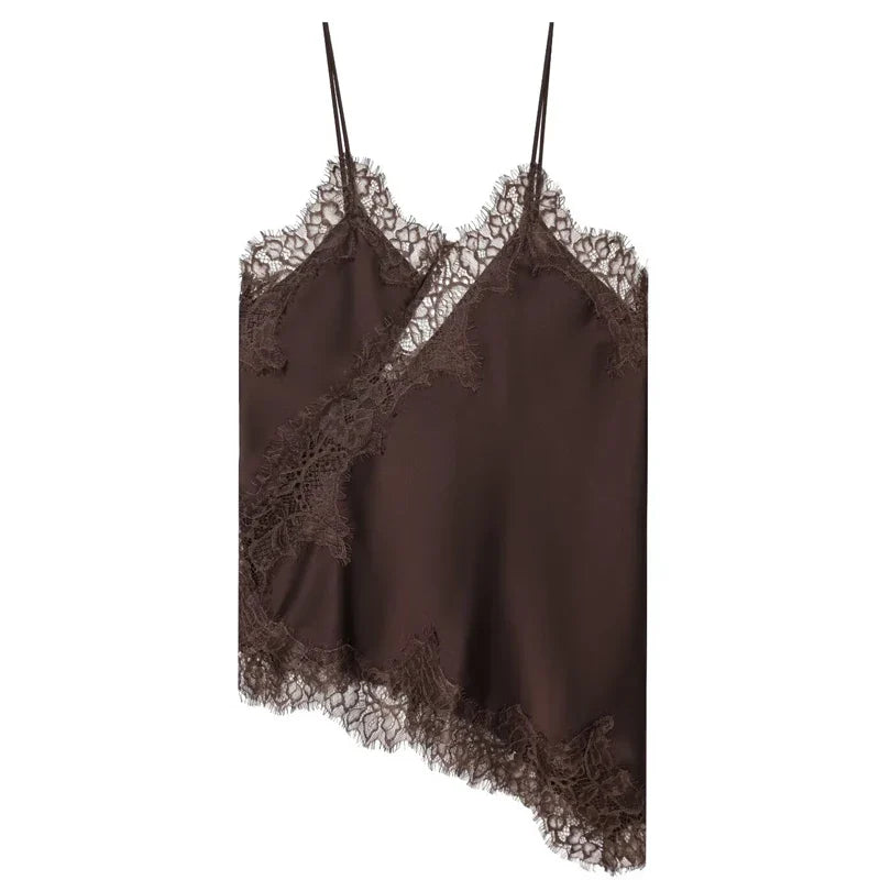Asymmetric Lace-Trim Satin Cami