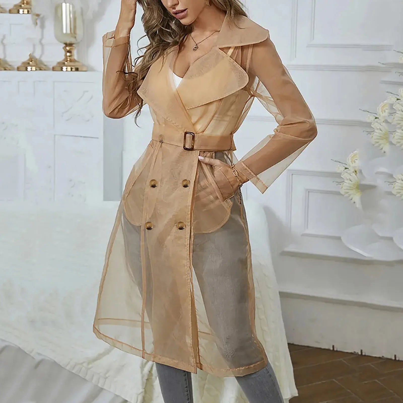 Sheer Organza Belted Trench Coat