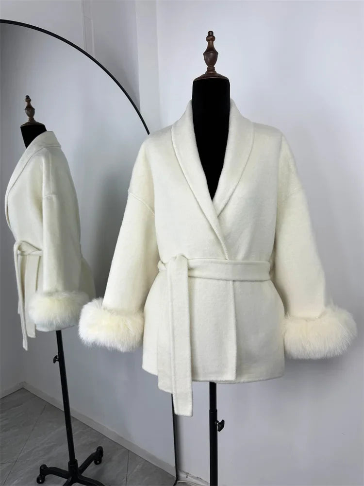 Belted Wool Coat with Fox Fur Cuffs
