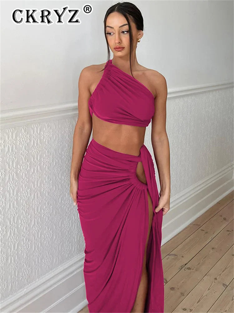One-Shoulder Ruched Crop & Maxi Skirt Set