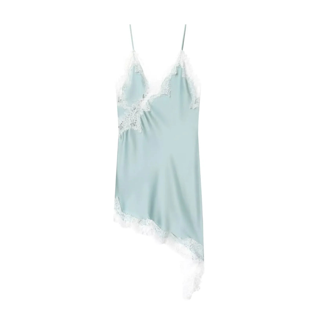 Lace-Trim Asymmetric Satin Slip Dress
