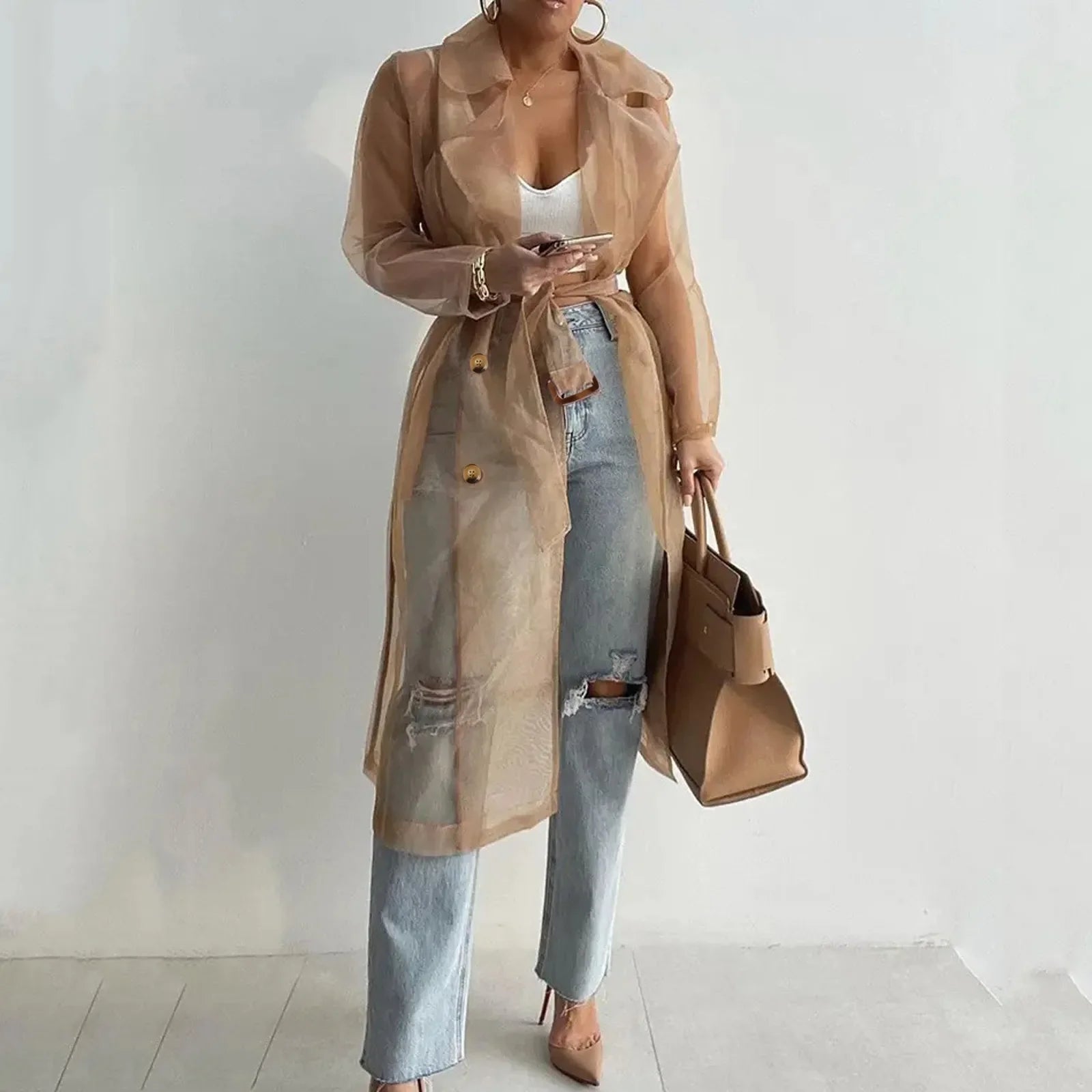 Sheer Organza Belted Trench Coat