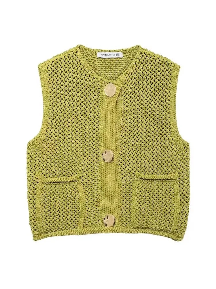 Open-Knit Crochet Vest with Gold Buttons