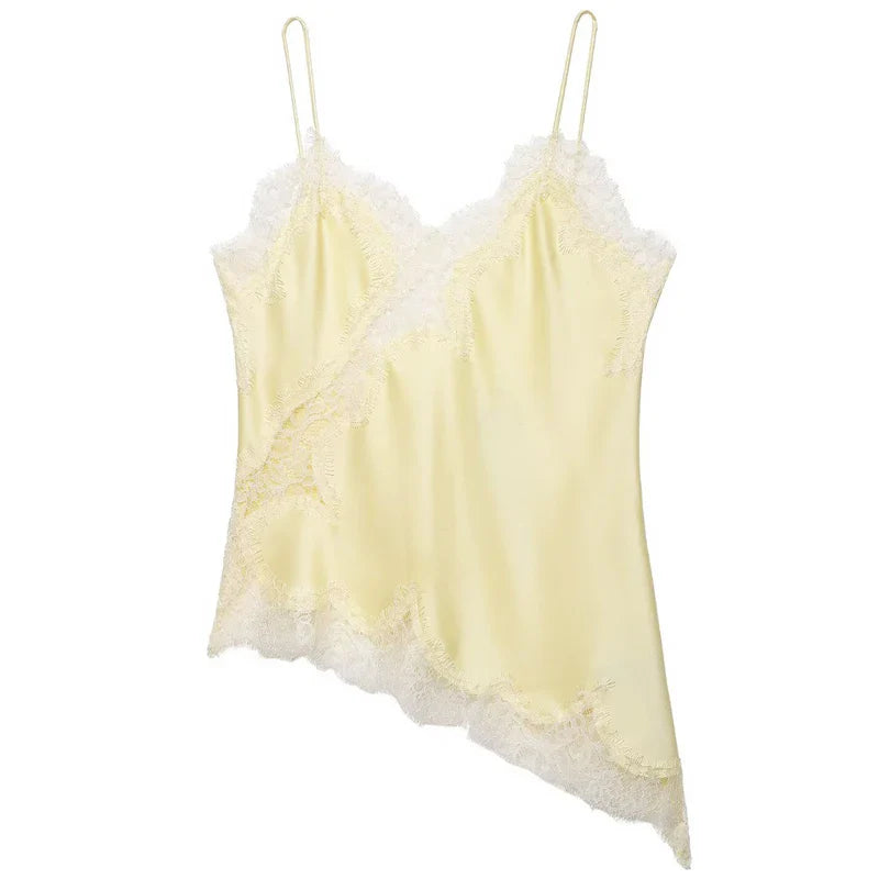 Asymmetric Lace-Trim Satin Cami