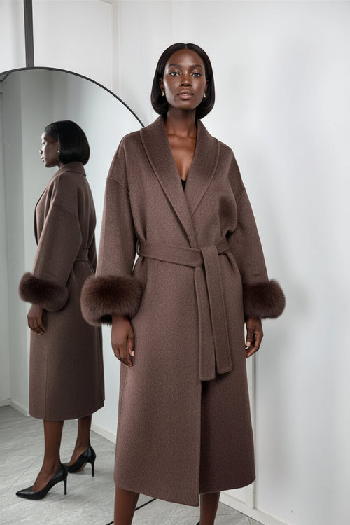 Belted Wool Coat with Fox Fur Cuffs Urban Fashion Icon