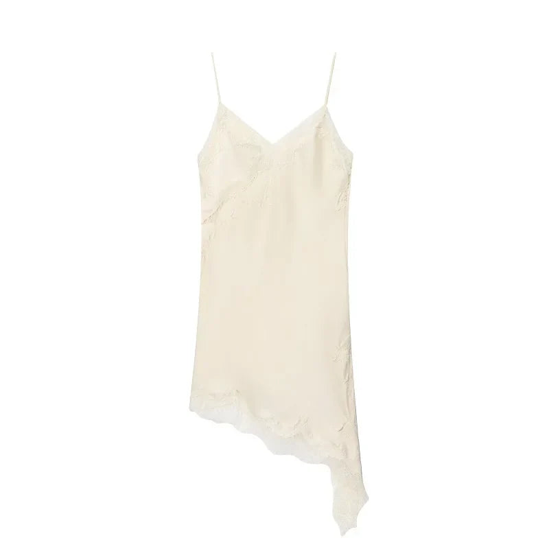 Lace-Trim Asymmetric Satin Slip Dress