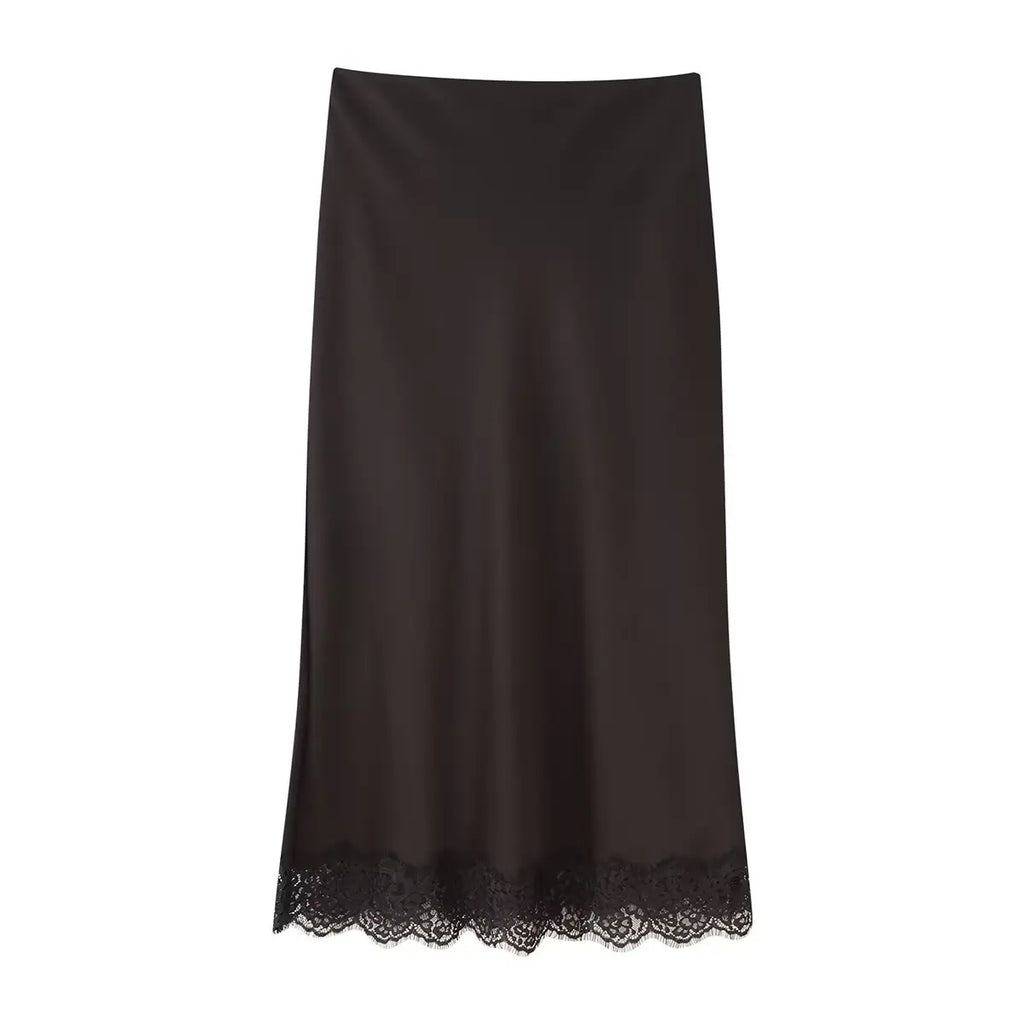 Lace-Hem Satin Midi Skirt