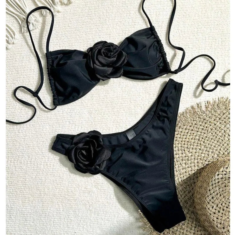 3D Rose Bandeau Bikini Set