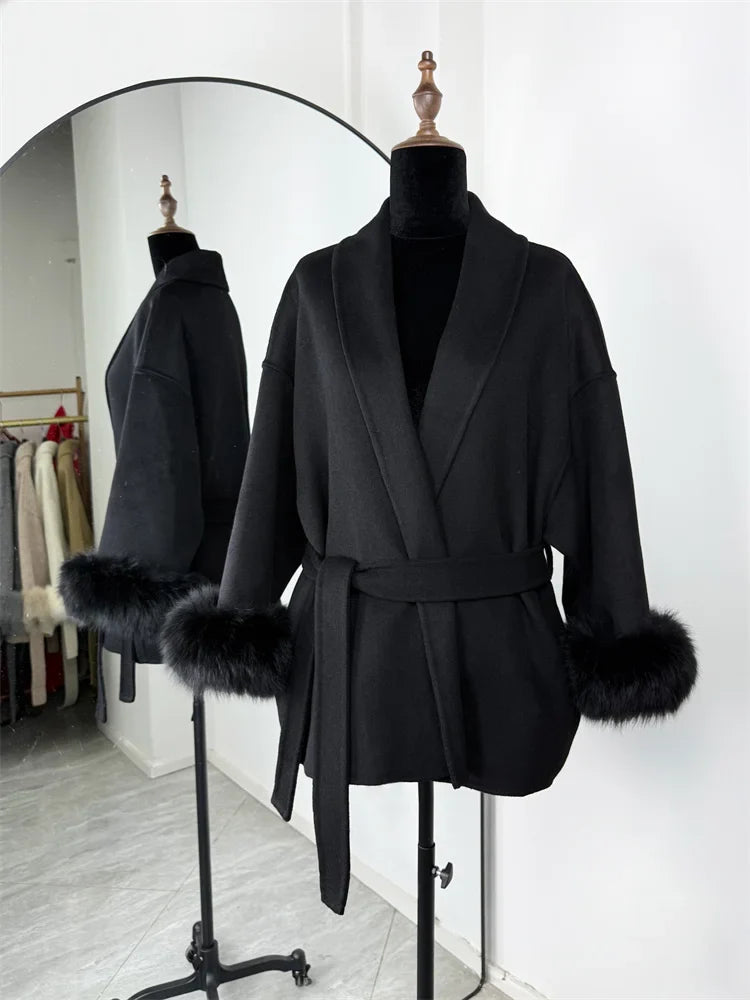 Belted Wool Coat with Fox Fur Cuffs