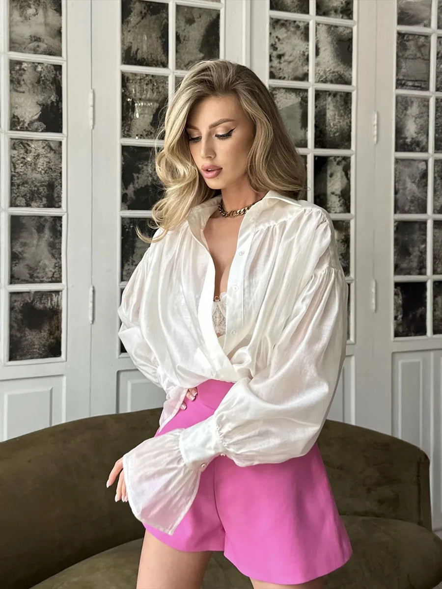 Sheer Bishop-Sleeve Chiffon Blouse