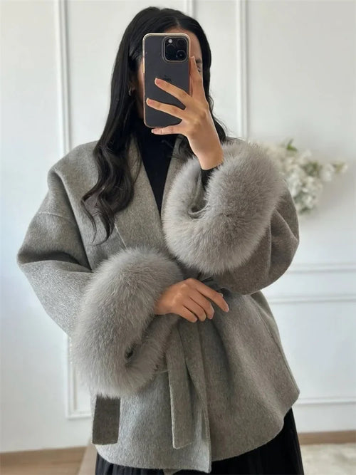 Belted Wool Coat with Fox Fur Cuffs Urban Fashion Icon