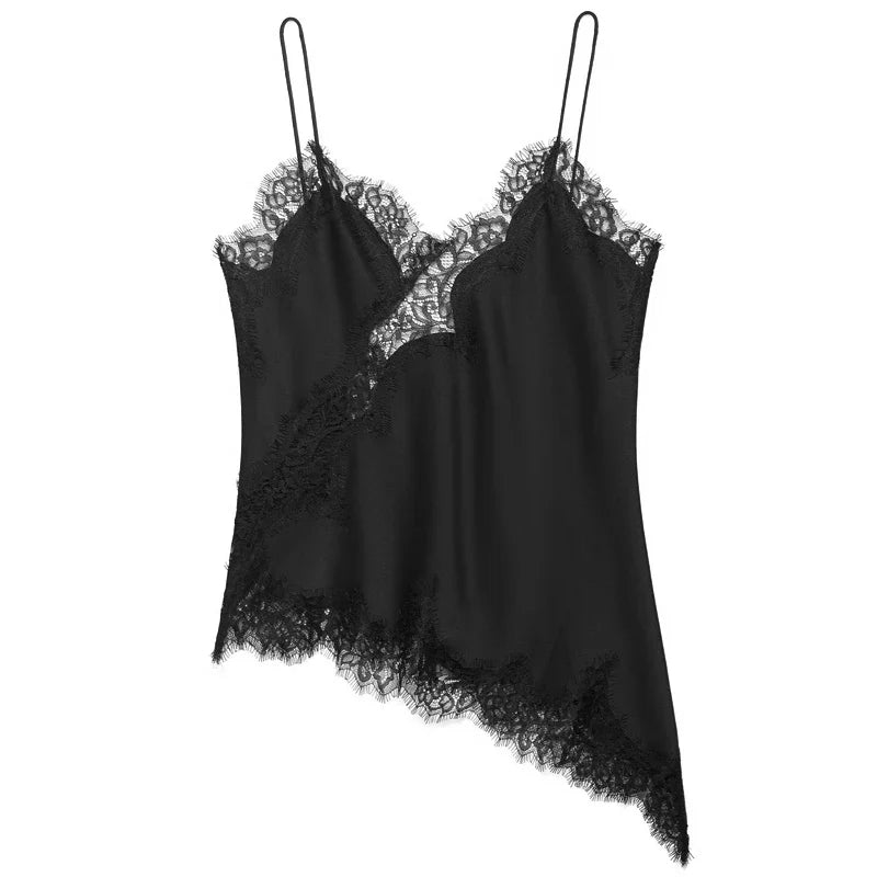 Asymmetric Lace-Trim Satin Cami