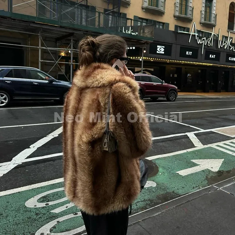 Neo Mint Luxury Brand Fashion Women Yellow Striped Faux Fur Jacket Coat Chic Girls 2025 Winter Oversized Warm Outerwear Overcoat Urban Fashion Icon