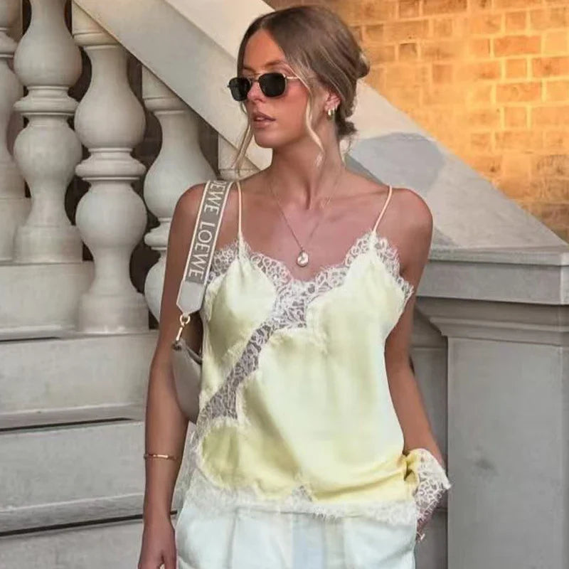 Asymmetric Lace-Trim Satin Cami
