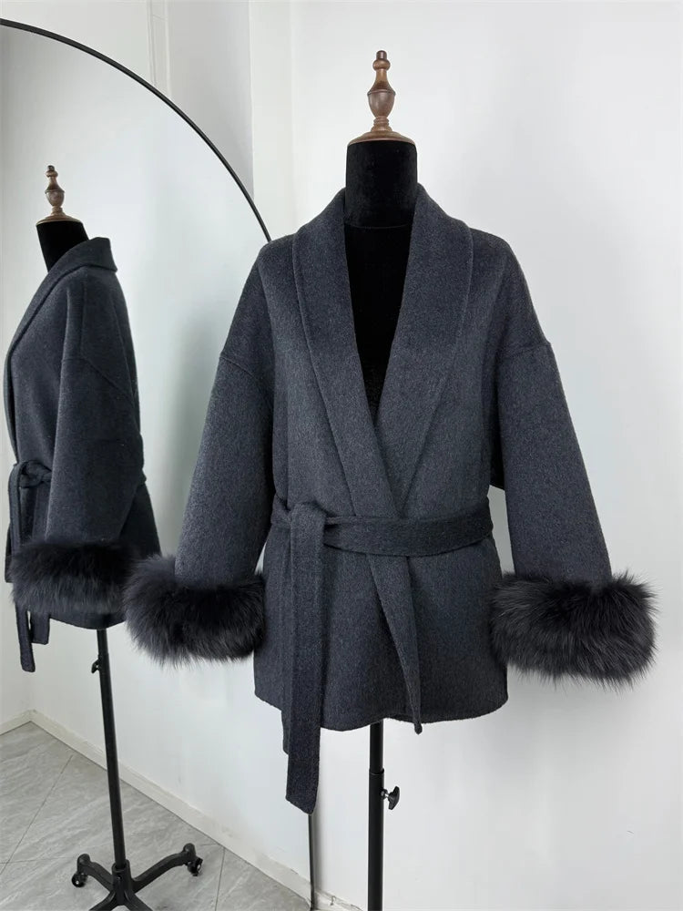 Belted Wool Coat with Fox Fur Cuffs