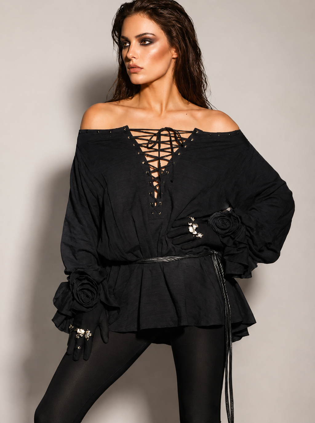 Tiffany Off Shoulder Lace Up Black Mini Dress