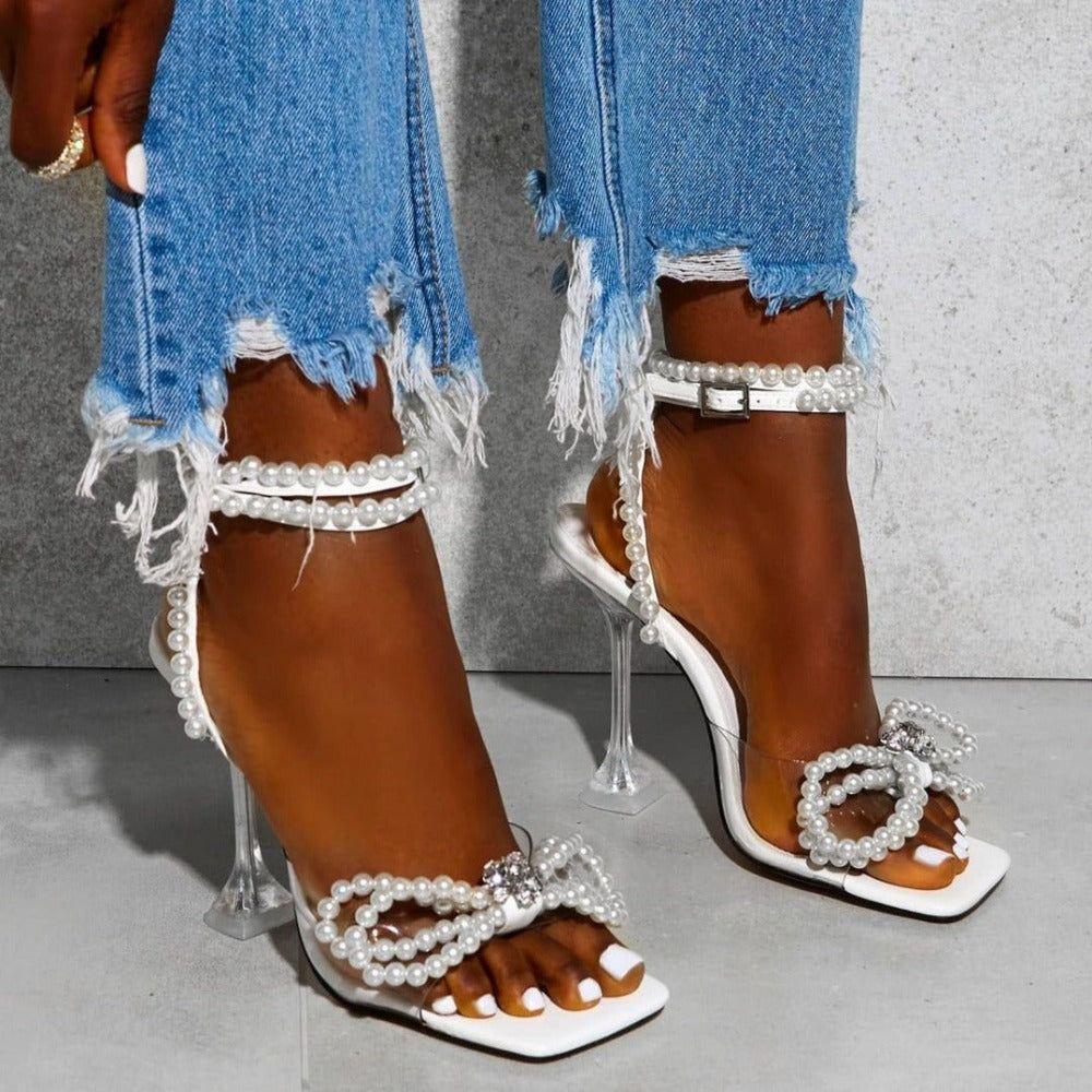 White Pearl Bow Ankle Strap Heels