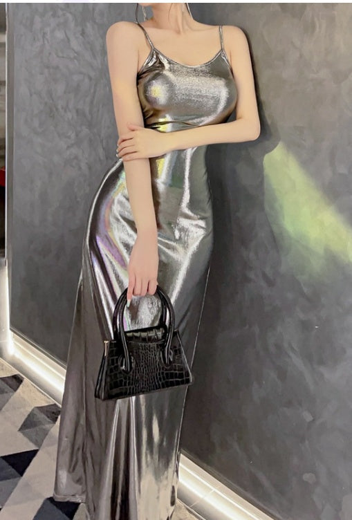 Silver Metallic Suspender Maxi Dress