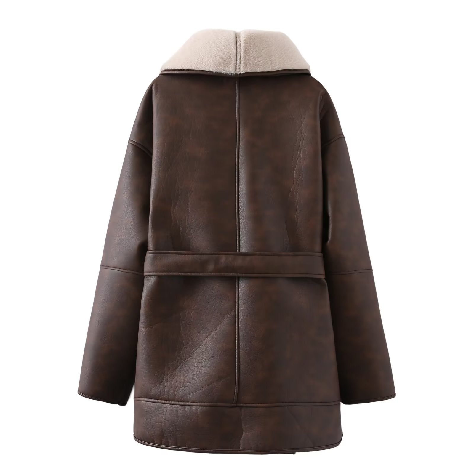 PU Leather Fur-Collar Belted Coat