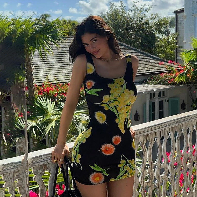 Printed High-Waist Sling Dress