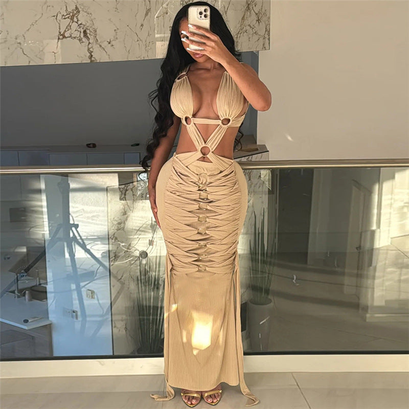 Hollow-Out Lace-Up High Waist Sheath Dress