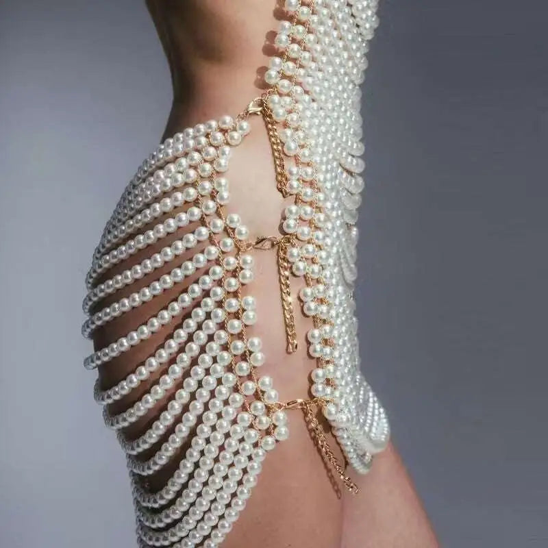 Pearl Chain Beaded Halter Mini Dress