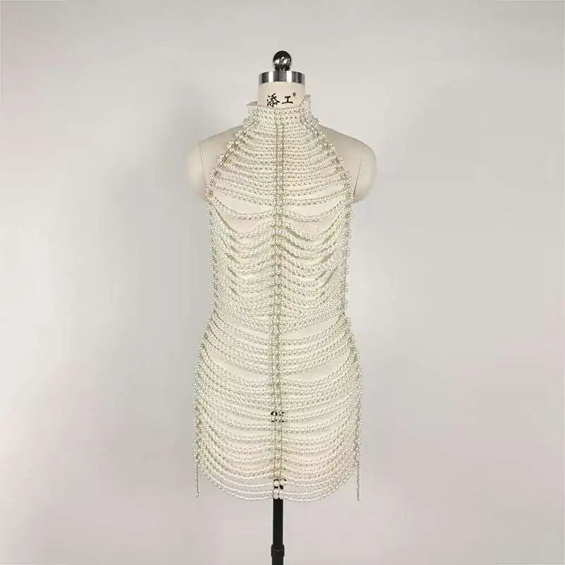 Pearl Chain Beaded Halter Mini Dress