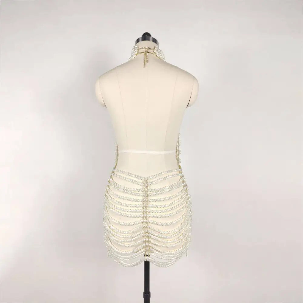 Pearl Chain Beaded Halter Mini Dress
