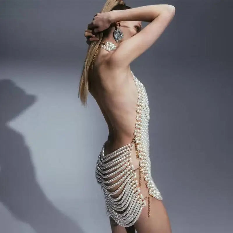 Pearl Chain Beaded Halter Mini Dress