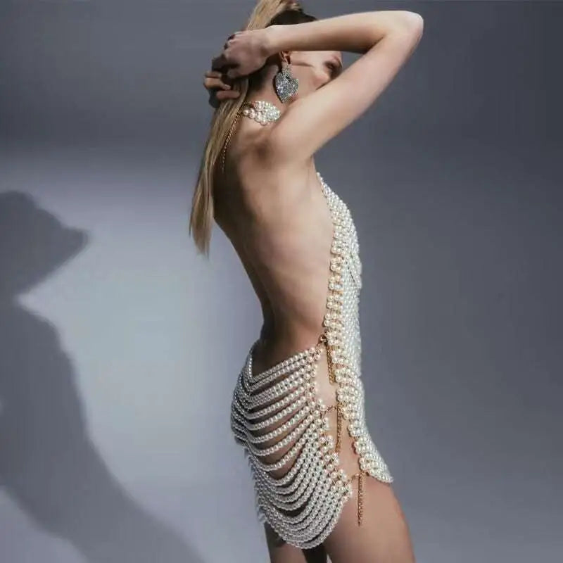 Pearl Chain Beaded Halter Mini Dress