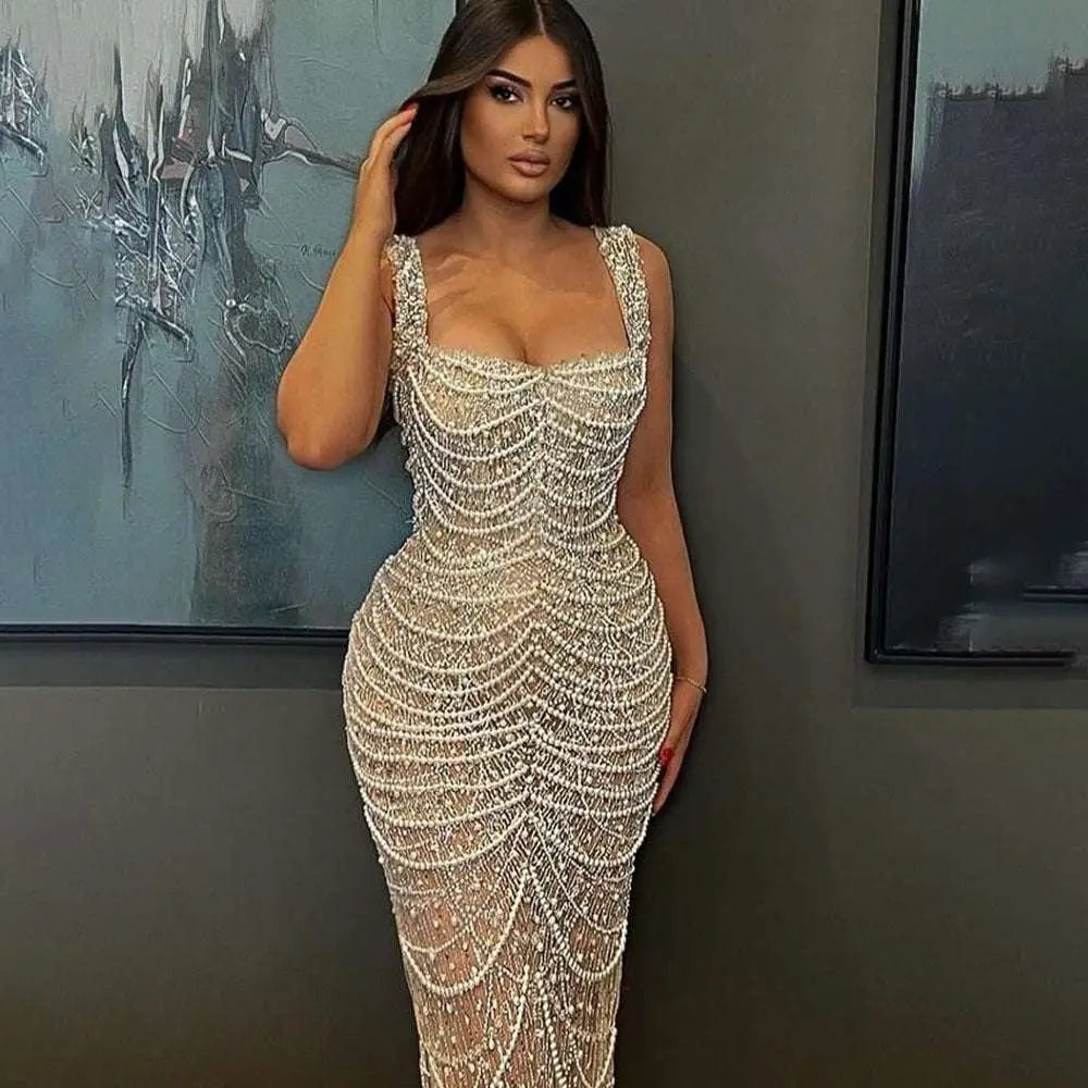 Beaded Nude Elegant Sling Luxury Gown Royalessencelux