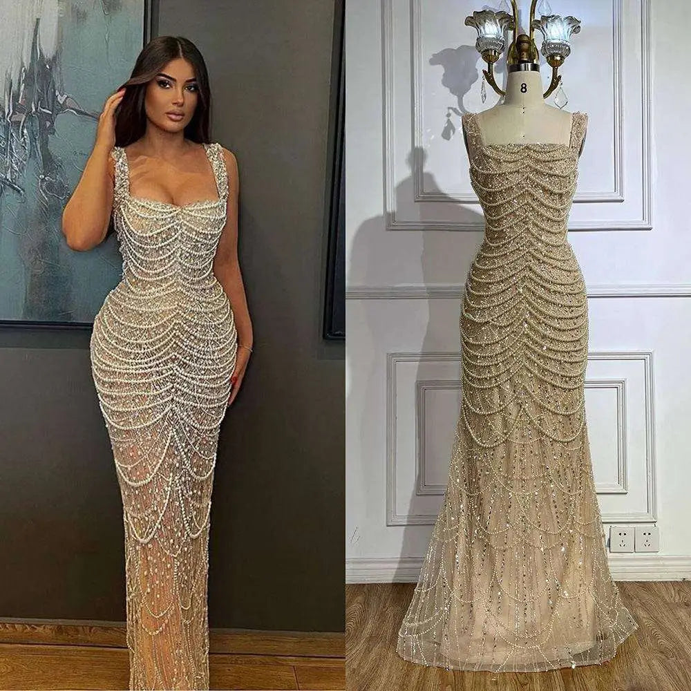 Beaded Nude Elegant Sling Luxury Gown Royalessencelux