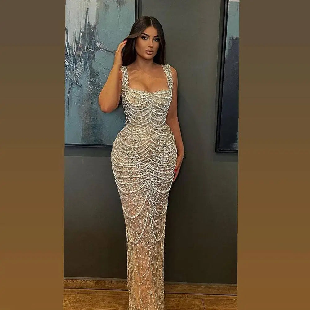 Beaded Nude Elegant Sling Luxury Gown Royalessencelux