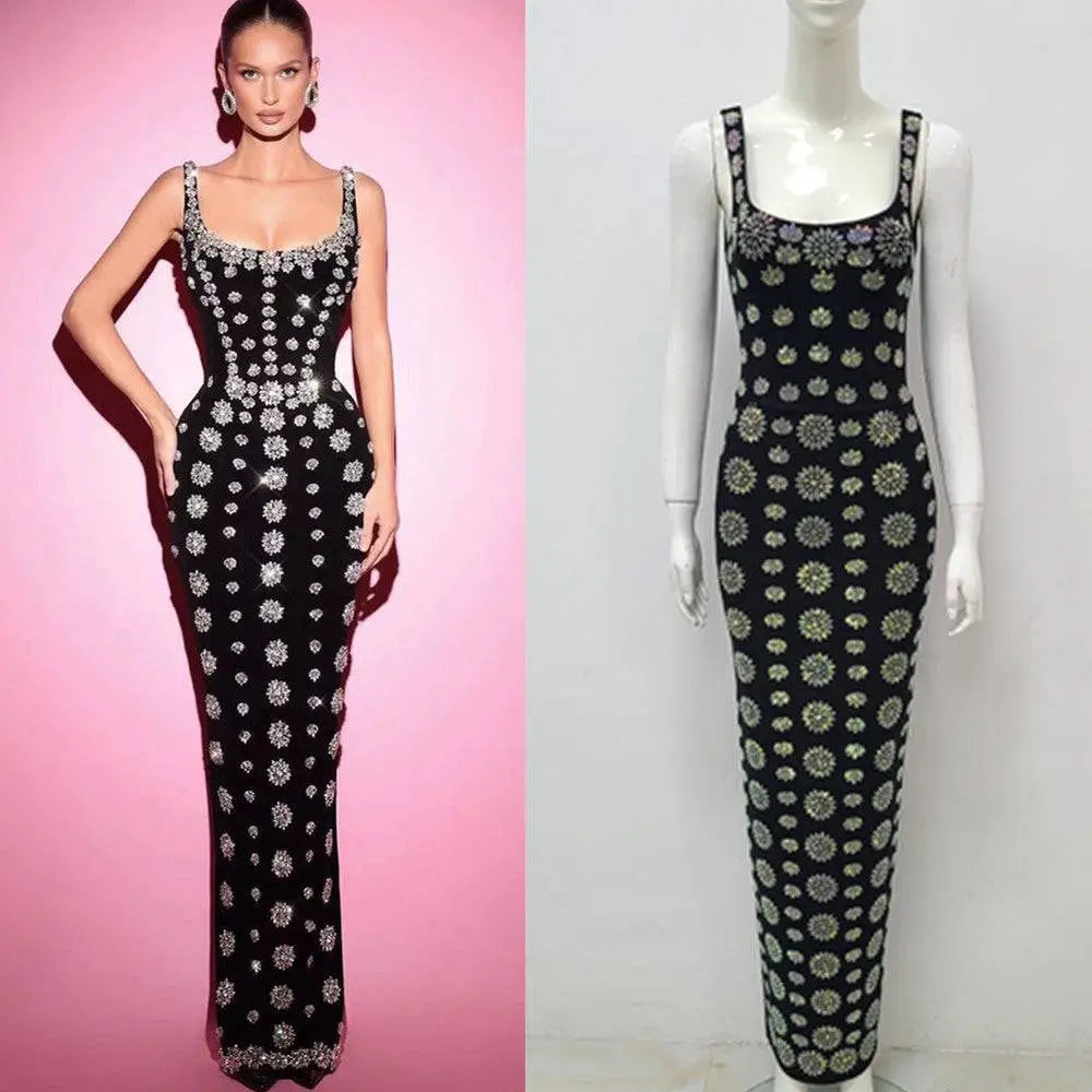 Black Rhinestone Elegant Slim Bandage Evening Dress Royalessencelux