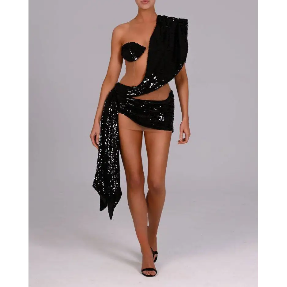 Black Sequined Elegant Shoulder Stitching Dress Royalessencelux