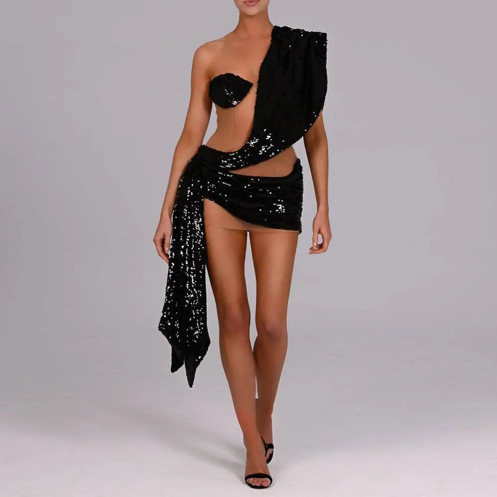 Black Sequined Elegant Shoulder Stitching Dress Royalessencelux