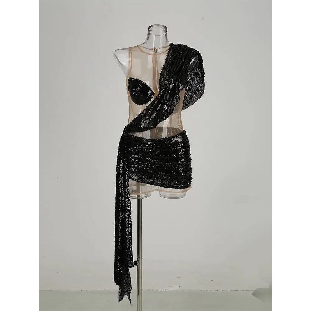 Black Sequined Elegant Shoulder Stitching Dress Royalessencelux