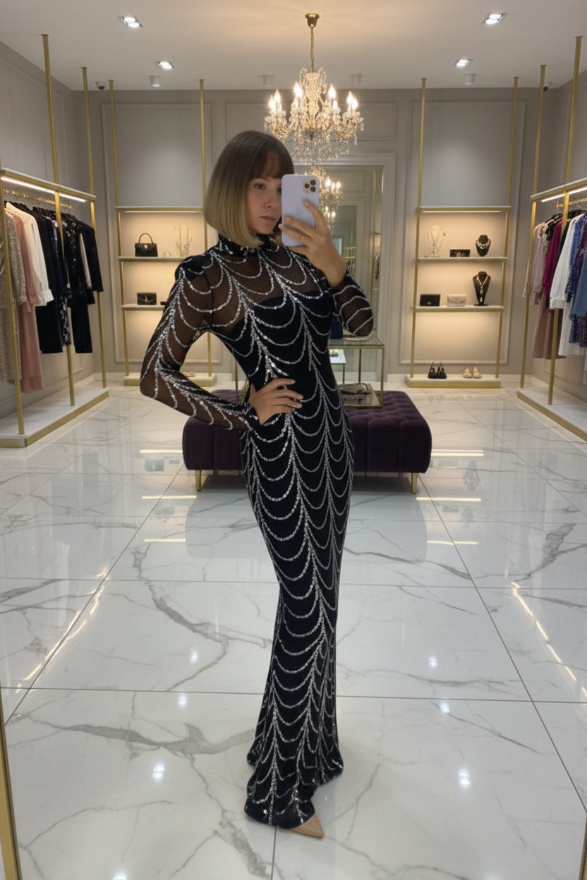 Sequin Mermaid Maxi Dress with Long Sleeves Royalessencelux