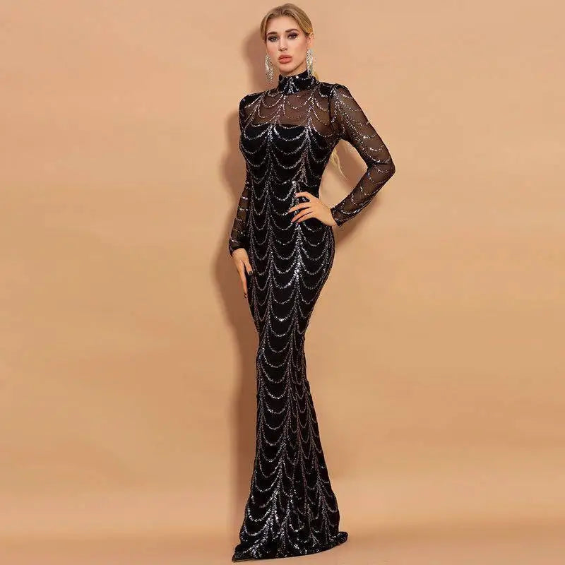Sequin Mermaid Maxi Dress with Long Sleeves Royalessencelux