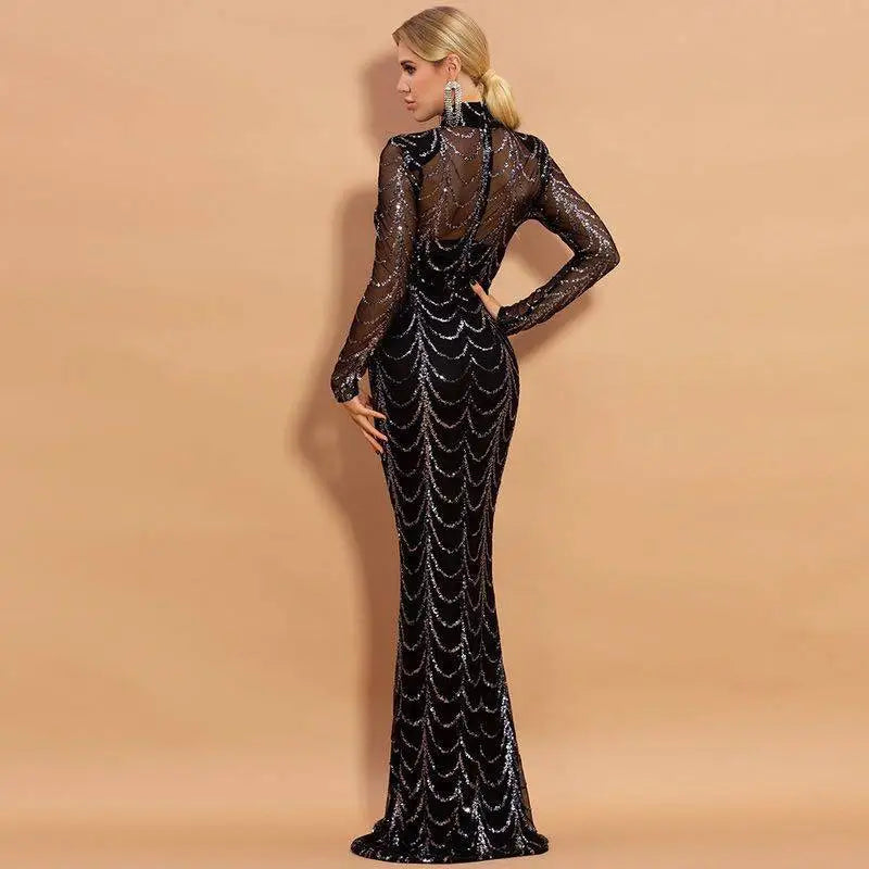 Sequin Mermaid Maxi Dress with Long Sleeves Royalessencelux