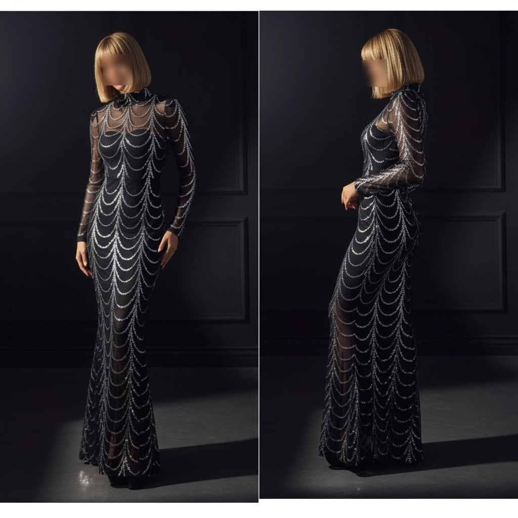 Sequin Mermaid Maxi Dress with Long Sleeves Royalessencelux