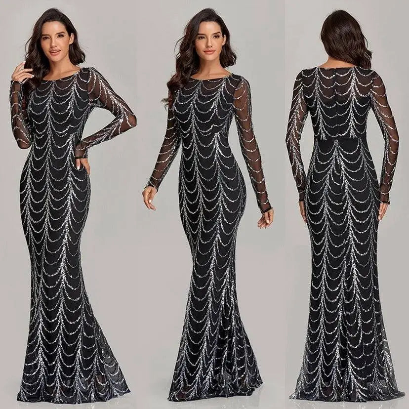 Sequin Mermaid Maxi Dress with Long Sleeves Royalessencelux