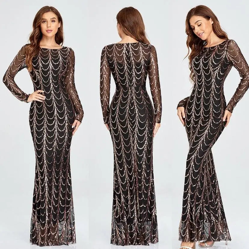 Sequin Mermaid Maxi Dress with Long Sleeves Royalessencelux