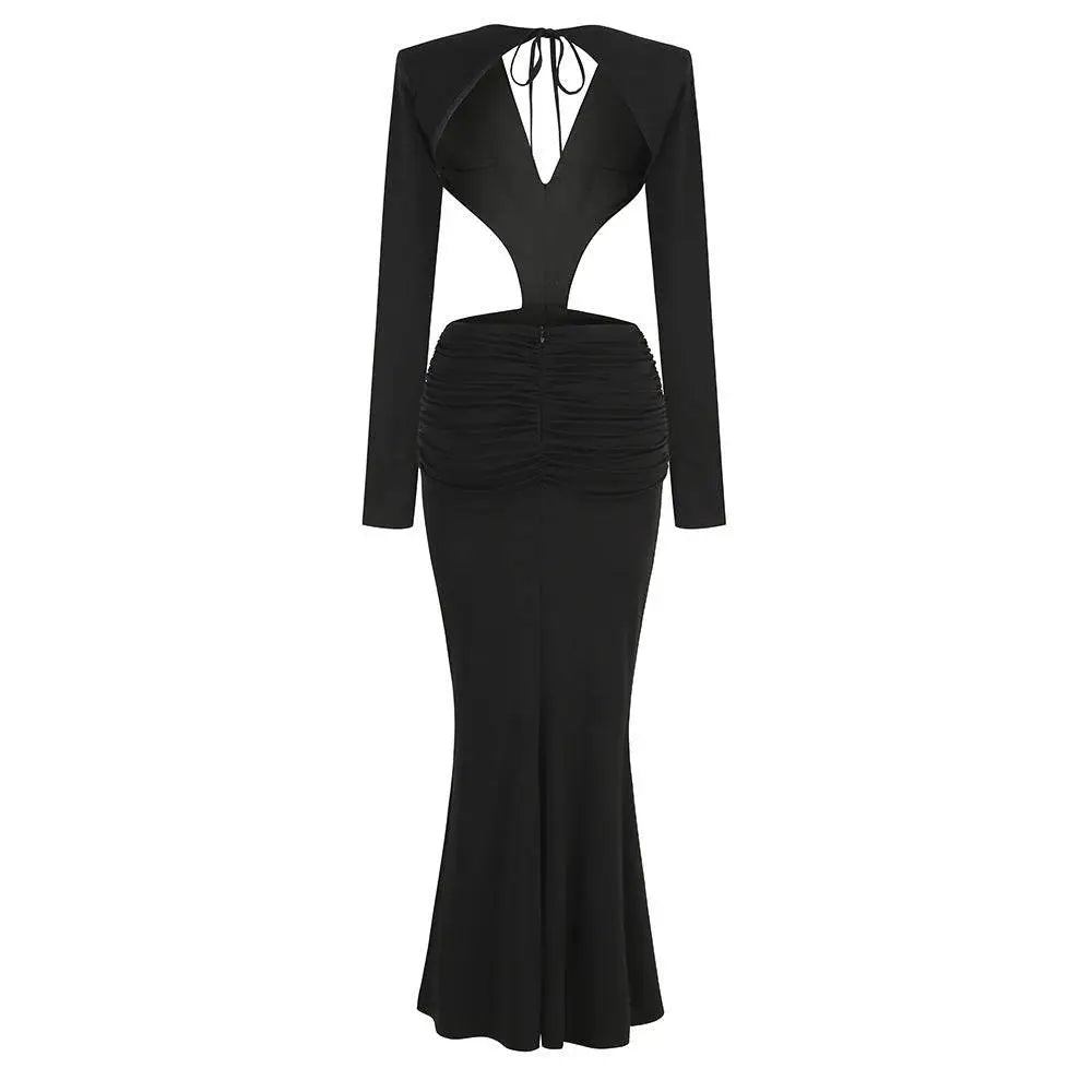 Black V-Neck Backless Long Sleeves Skirt Waist Gown Royalessencelux