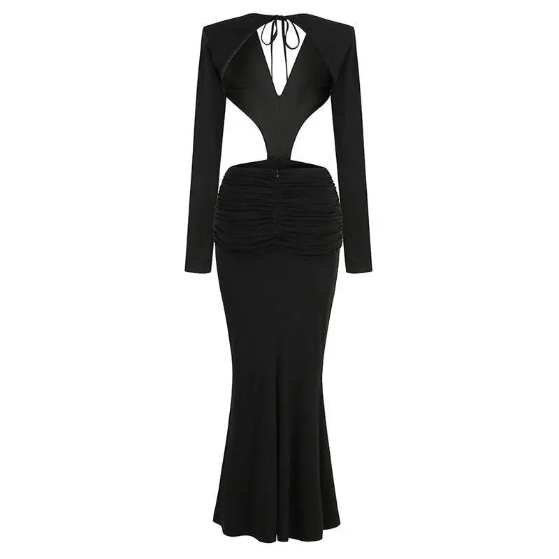 Black V-Neck Backless Long Sleeves Skirt Waist Gown Royalessencelux