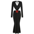Black V-Neck Backless Long Sleeves Skirt Waist Gown Royalessencelux