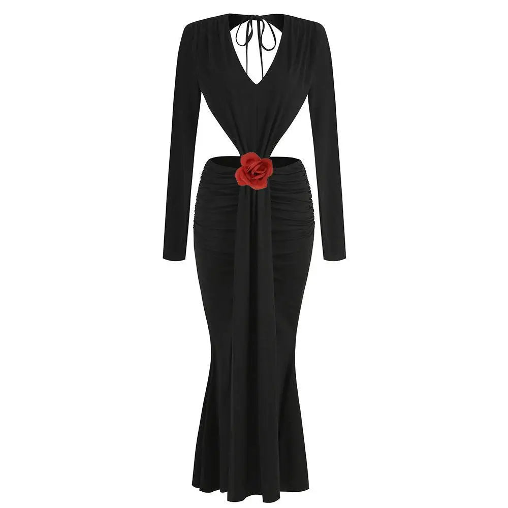 Black V-Neck Backless Long Sleeves Skirt Waist Gown Royalessencelux