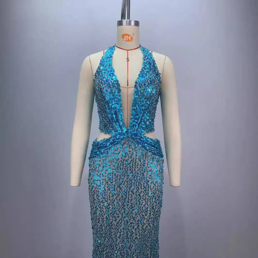 Blue Sequined Slimming Party Stage Host Mermaid Gown Royalessencelux